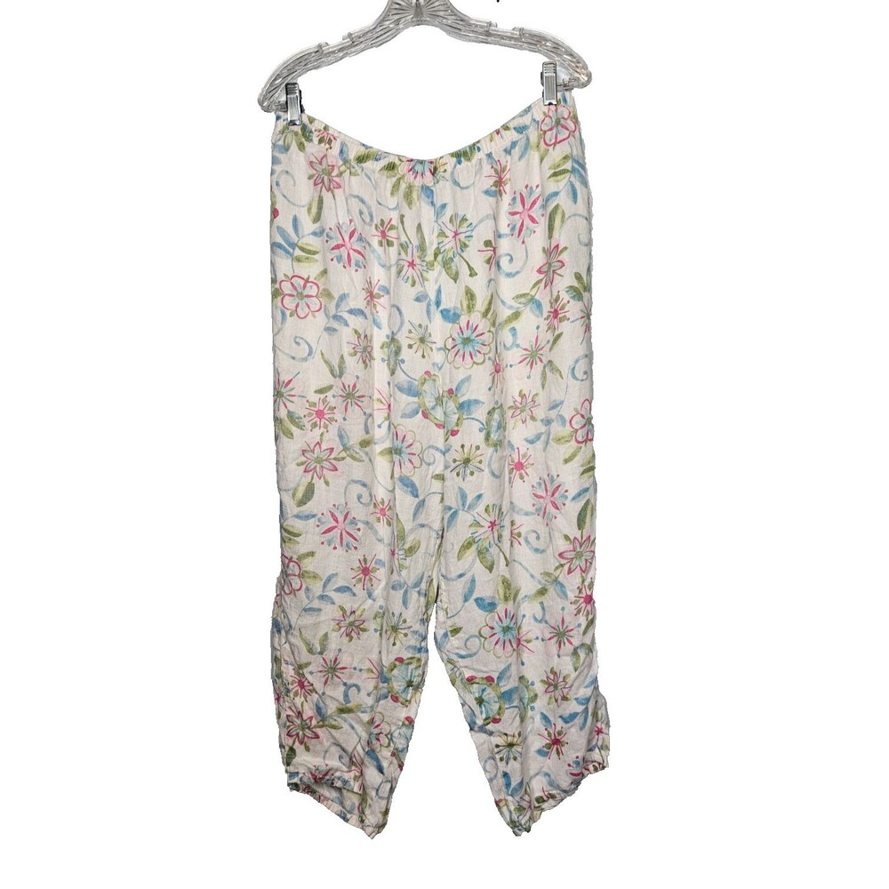 Liz & Jane 100% Linen Flood Pants OX One Size Lagenlook Boho USA Pull On Floral